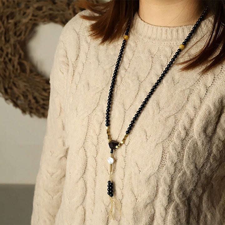 Buddha Stones Tibetano 108 Mala Beads Onice Nero Tre Occhi Dzi Beads Bracciale di Protezione