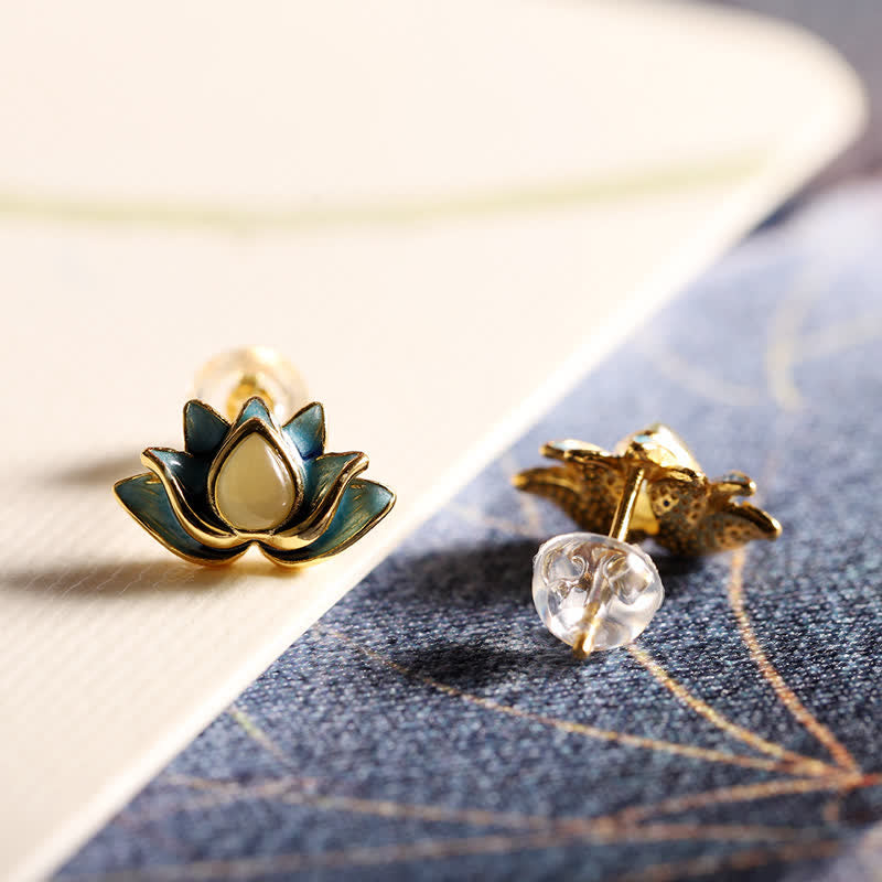 Orecchini di successo in argento sterling 925 con fiore di loto in giada ciano Hetian