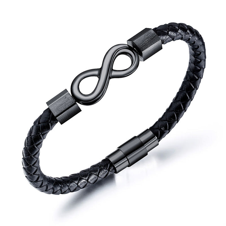 Bracciale Buddha Stones Endless Knot in acciaio al titanio con intreccio in pelle e bilanciamento