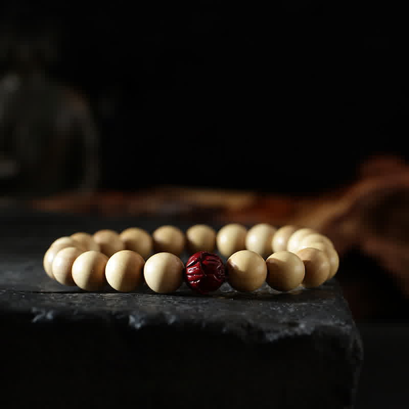 Bracciale di ricchezza e fortuna di legno di pesca del Tibet, loto, cinabro, Bagua Yin Yang