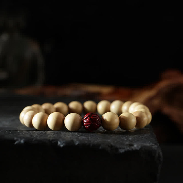 Bracciale di ricchezza e fortuna di legno di pesca del Tibet, loto, cinabro, Bagua Yin Yang