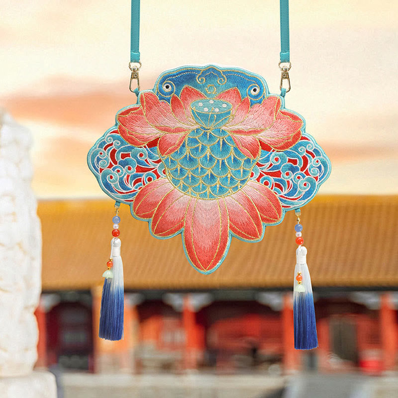 Buddha Stones Fortuna Ricamo Loto Koi Pesce Coniglio Fiore Borsa Hanfu Borsa a Tracolla Borsa a Tracolla