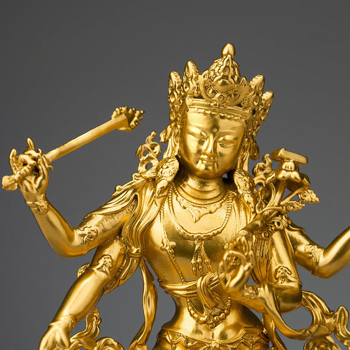 Statua in rame della compassione e serenità del Bodhisattva Manjusri a quattro braccia, statuetta in oro, decorazione per la casa
