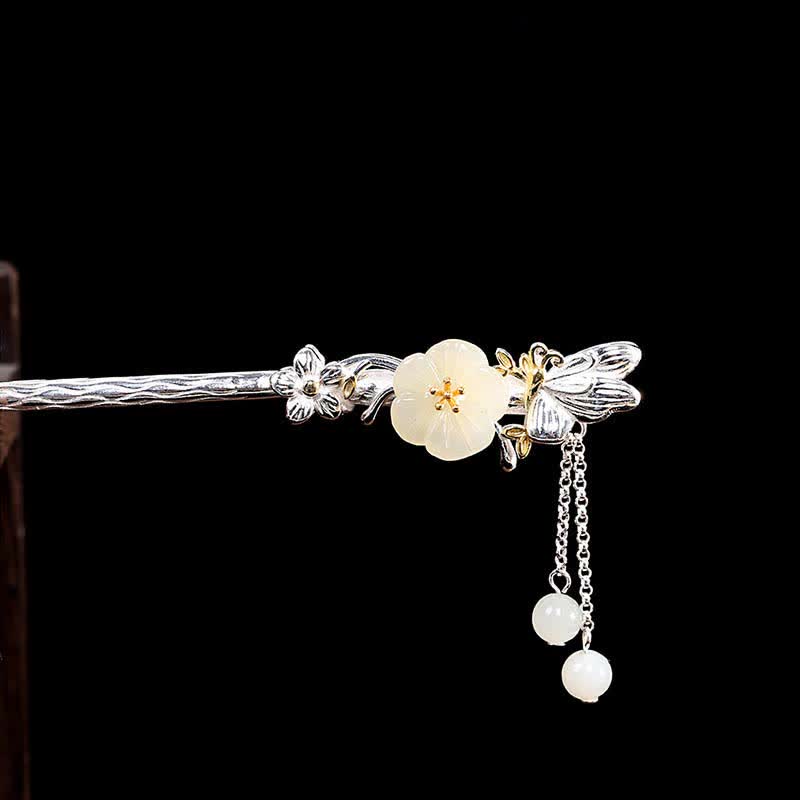 Forcina per capelli con fiore di giada bianca Hetian in argento sterling 925
