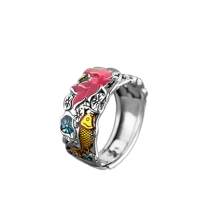 Anello Buddha Stones 925 Sterling Silver Lotus Koi Fish Enlightenment