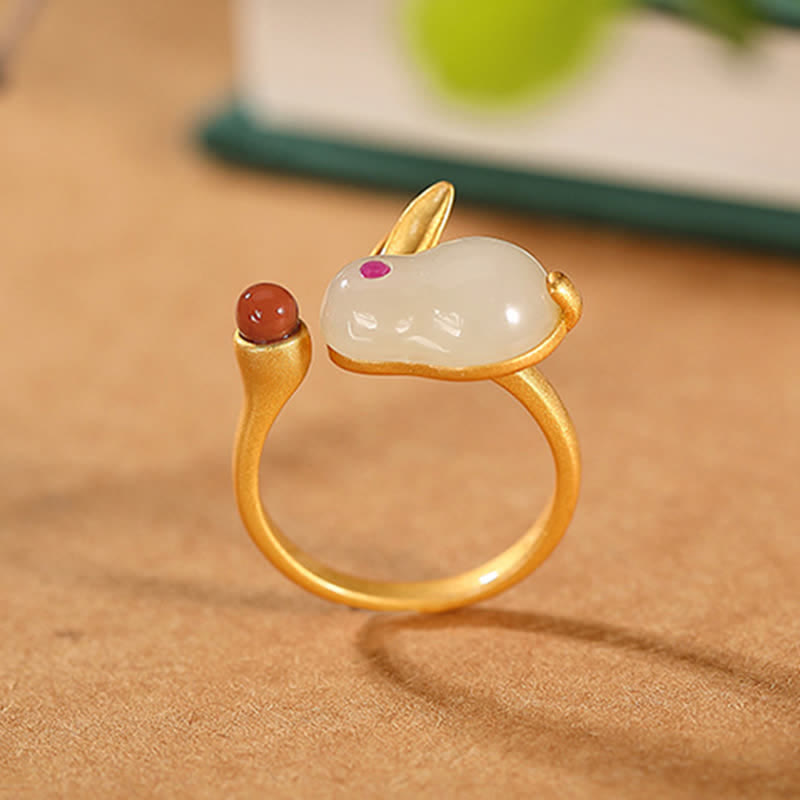 Buddha Stones 925 Sterling Silver Anno del Coniglio Hetian Jade Luck Ring Orecchini Collana Pendente