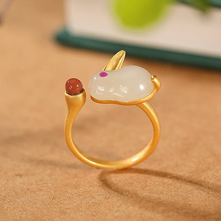 Buddha Stones 925 Sterling Silver Anno del Coniglio Hetian Jade Luck Ring Orecchini Collana Pendente
