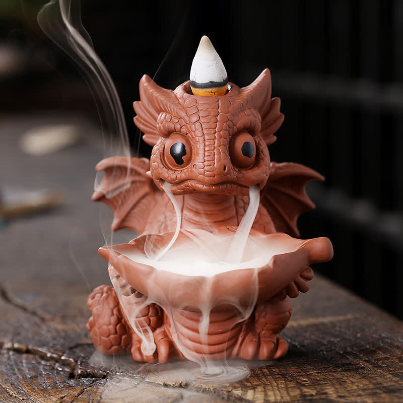 Bella fontana di fumo a riflusso in argilla viola con dinosauro, decorazione per bruciatore di incenso curativo
