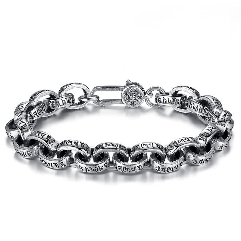Braccialetto con scritta "Buddha Stones" in argento sterling 925 con incisione Om Mani Padme Hum e simbolo della pace