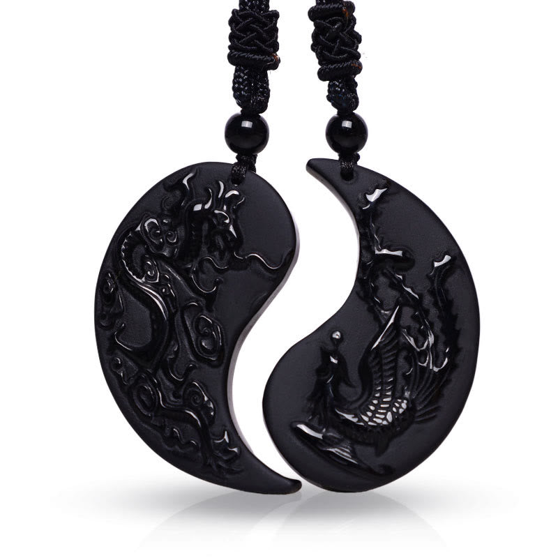 Buddha Stones Ossidiana nera Yin Yang Drago Fenice Collana pendente fortuna - image 1