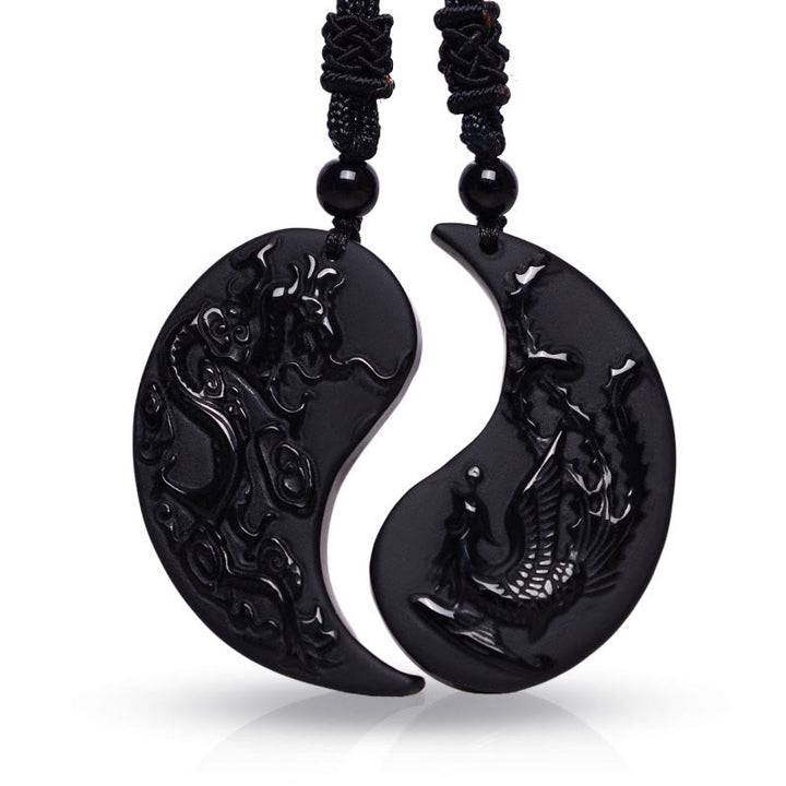 Buddha Stones Ossidiana nera Yin Yang Drago Fenice Collana pendente fortuna - image 1