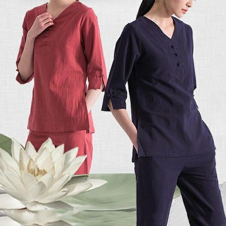 Buddha Stones Yoga Meditazione Preghiera Scollo a V Design Cotone Lino Abbigliamento Uniforme Zen Pratica Set da Donna