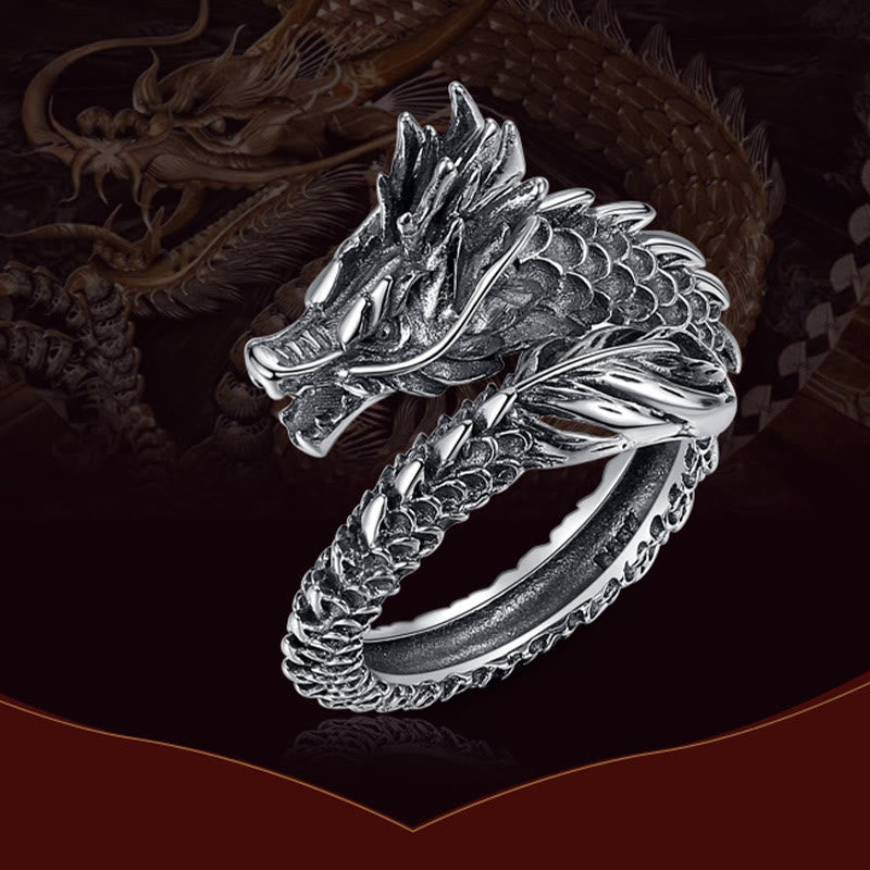 Anello regolabile Buddha Stones 925 Sterling Silver Vintage Dragon Success Protection Strength