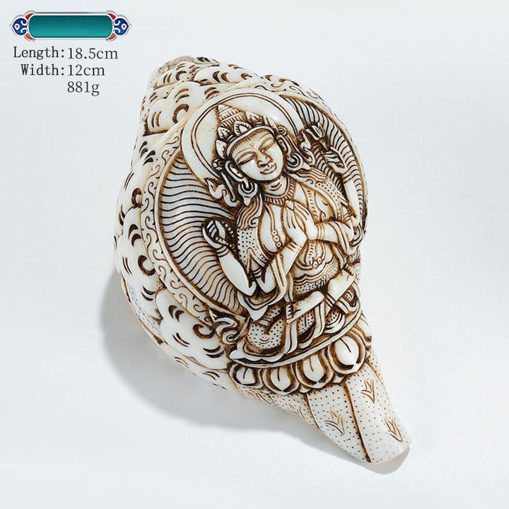Decorazione di ricchezza di conchiglia di conchiglia di Avalokitesvara Buddha tibetano inciso a mano Shankha - Avalokitesvara a quattro braccia 18,5*12 cm - image 29