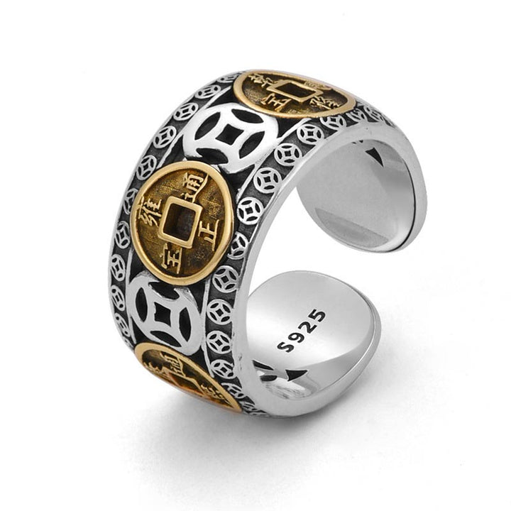 Anello regolabile con equilibrio di cinque monete dell'imperatore Buddha Stones