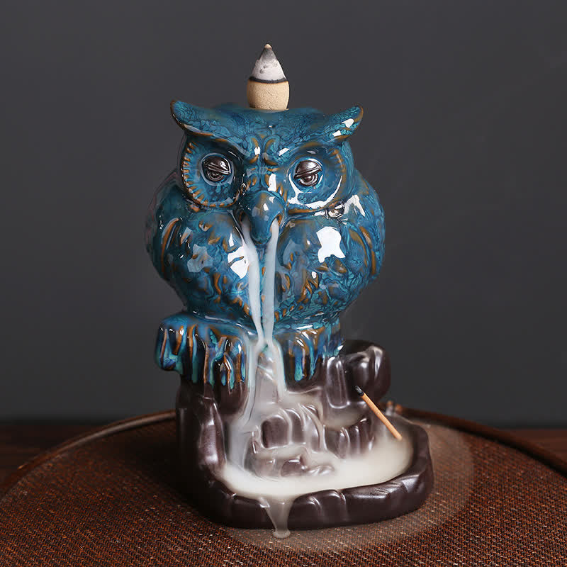 Buddha Stones Gufo carino Fontana di fumo a riflusso in ceramica Bruciatore di incenso Decorazione per meditazione