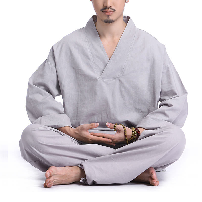 Set da uomo di abbigliamento yoga Buddha Stones a V, in cotone e lino, per meditazione e preghiera, spirituale e zen