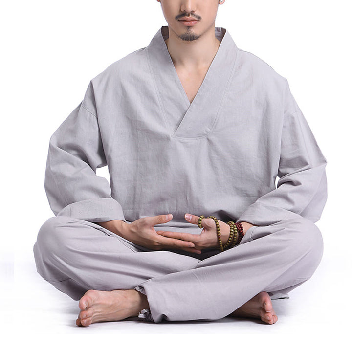 Set da uomo di abbigliamento yoga Buddha Stones a V, in cotone e lino, per meditazione e preghiera, spirituale e zen