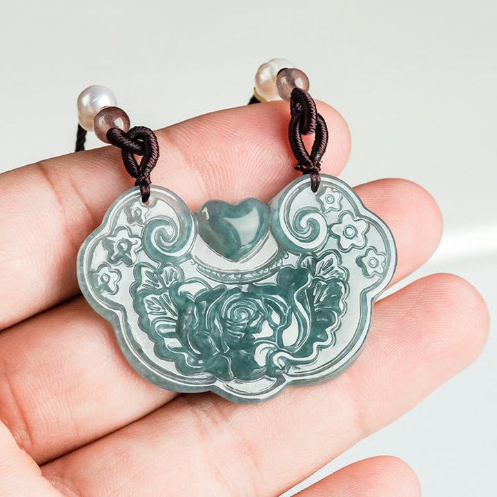 Collana con Buddha Stones a forma di fiore di peonia in giada naturale con ciondolo a forma di lucchetto di buoni auguri e prosperità