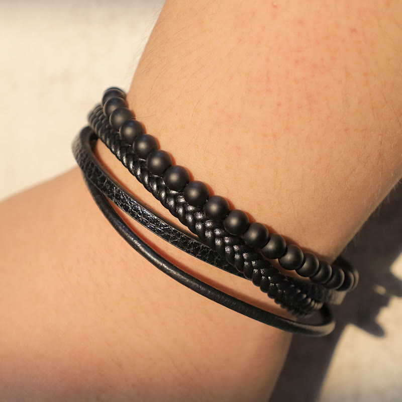 Bracciale in pelle con perline di onice nero e roccia lavica naturale Buddha Stones