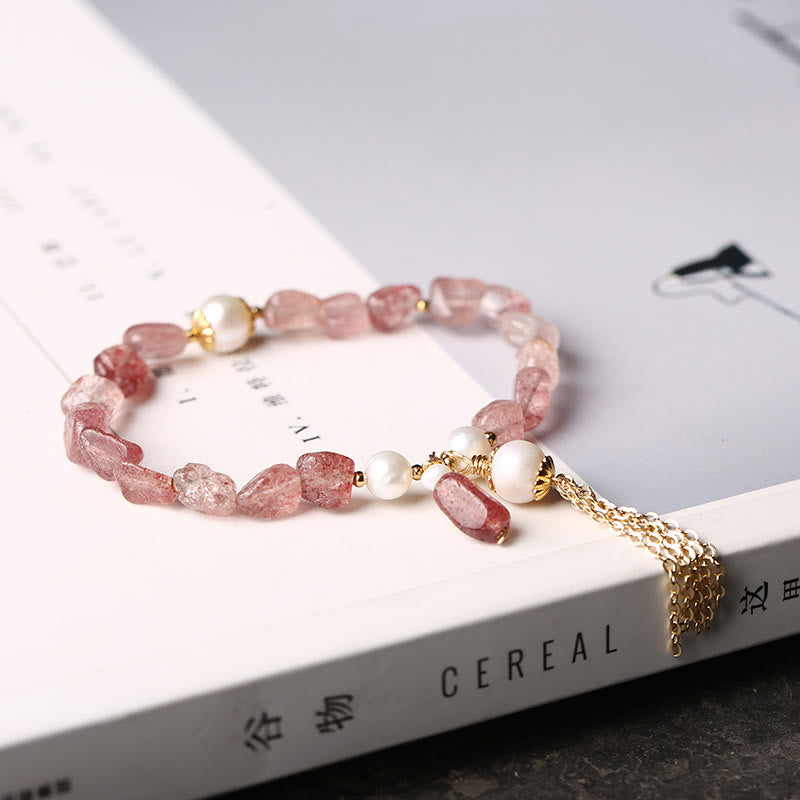 Braccialetto di guarigione dell'amore placcato in oro 14k con perle di quarzo fragola naturale