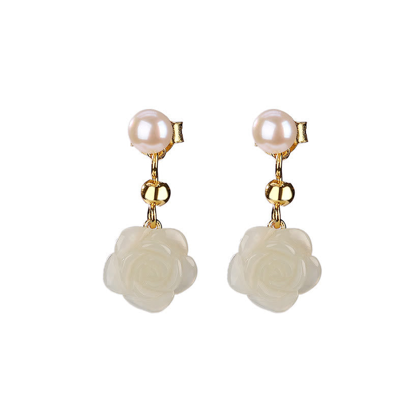 Orecchini Buddha Stones 925 Sterling Silver Placcato Oro Giada Rosa Fiore Ciano Giada Perla Fortuna