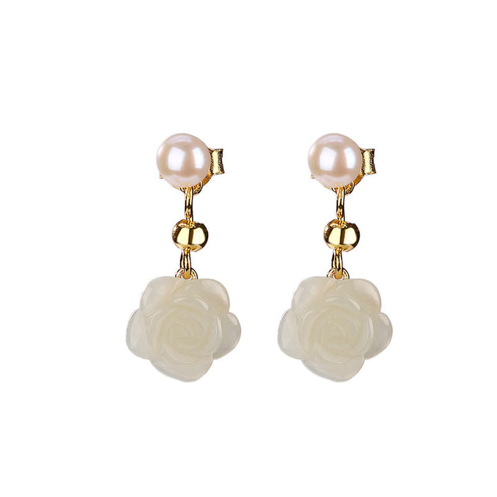 Orecchini Buddha Stones 925 Sterling Silver Placcato Oro Giada Rosa Fiore Ciano Giada Perla Fortuna