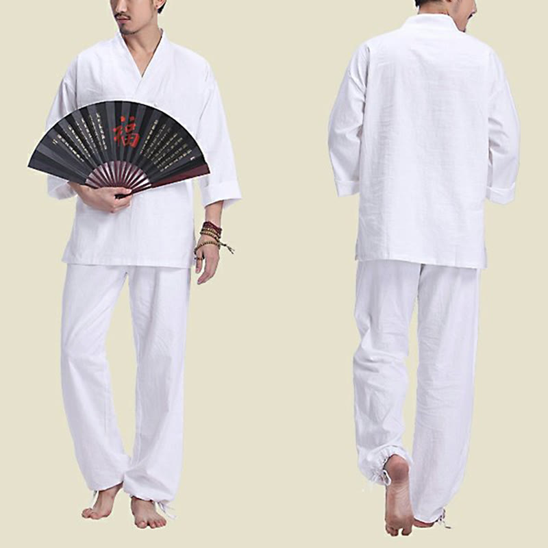 Set da uomo di abbigliamento yoga Buddha Stones a V, in cotone e lino, per meditazione e preghiera, spirituale e zen
