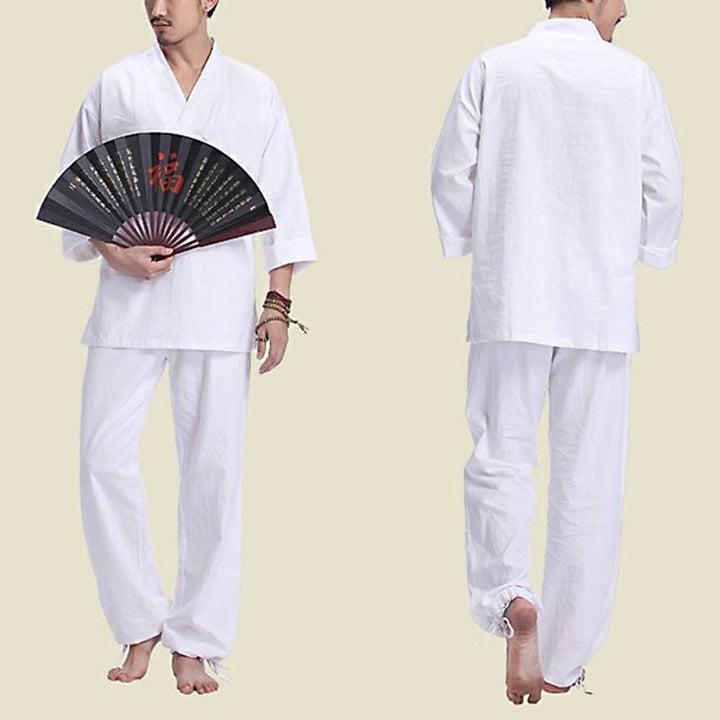 Set da uomo di abbigliamento yoga Buddha Stones a V, in cotone e lino, per meditazione e preghiera, spirituale e zen