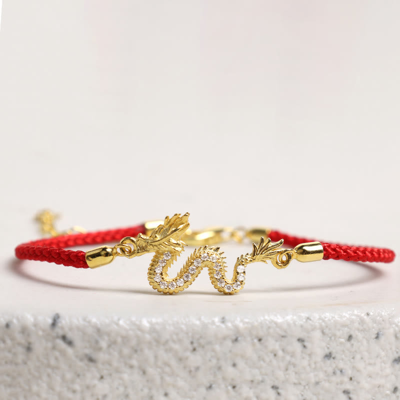 Buddha Stones con catena in corda rossa con drago dorato di buon auspicio, in argento sterling 925, anno del drago