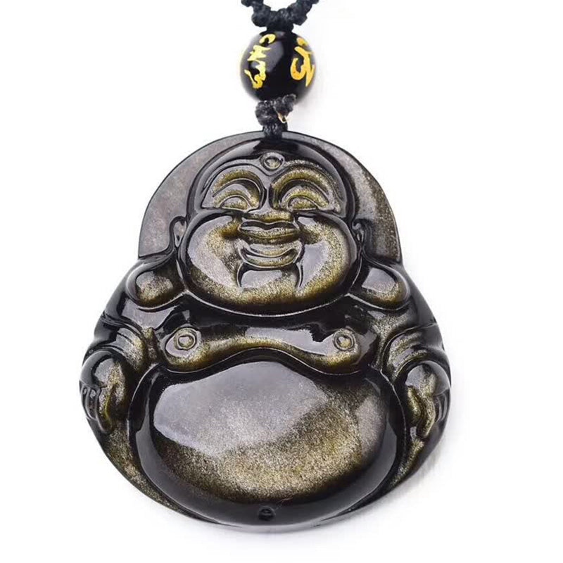 Collana con ciondolo Buddha Stones Laughing Buddha in ossidiana dorata e lucente, ricchezza - image 6