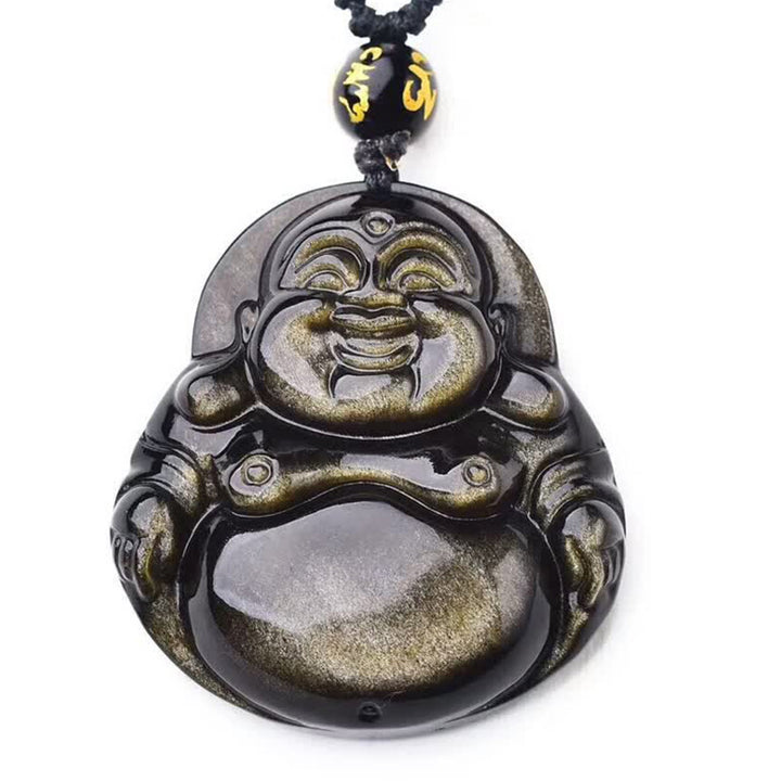 Collana con ciondolo Buddha Stones Laughing Buddha in ossidiana dorata e lucente, ricchezza - image 6