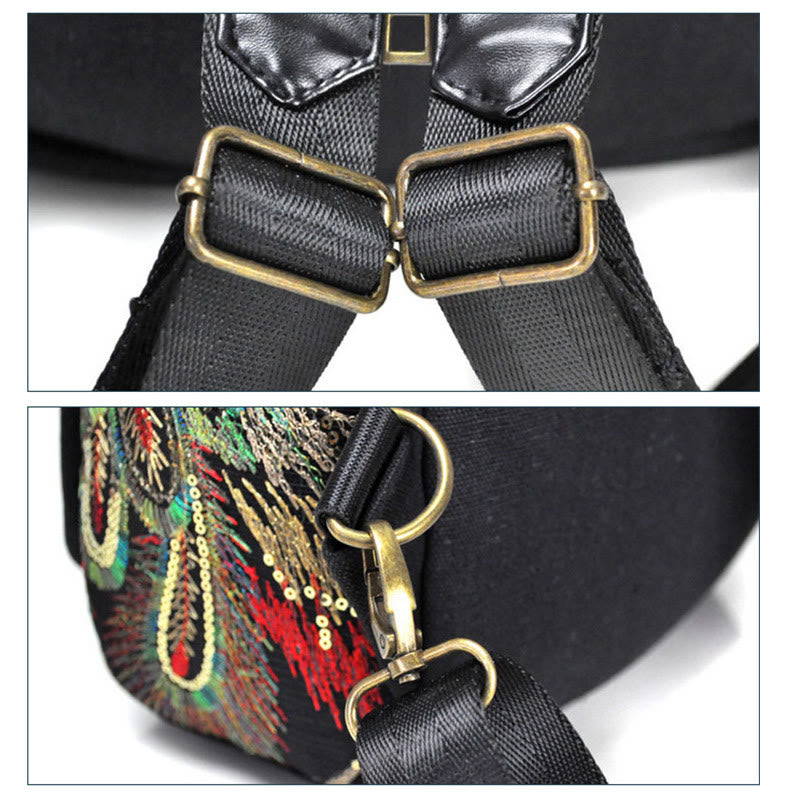 Zaino in tela con nappa e ricamo di pavone Buddha Stones