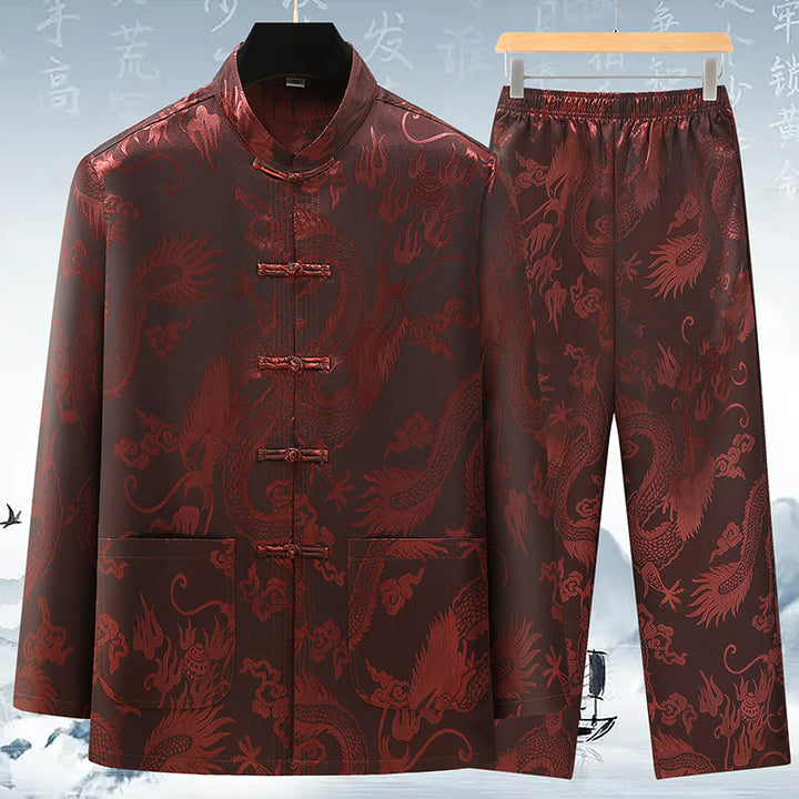 Buddha Stones Tang Suit Uomo Hanfu Cinese Drago Tradizionale Vestiti Kung Fu Camicia Uniforme Manica Lunga Cappotto Top e Pantaloni Abbigliamento Uomo Set - Marrone - US/UK/AU42, EU52 (3XL) - image 3