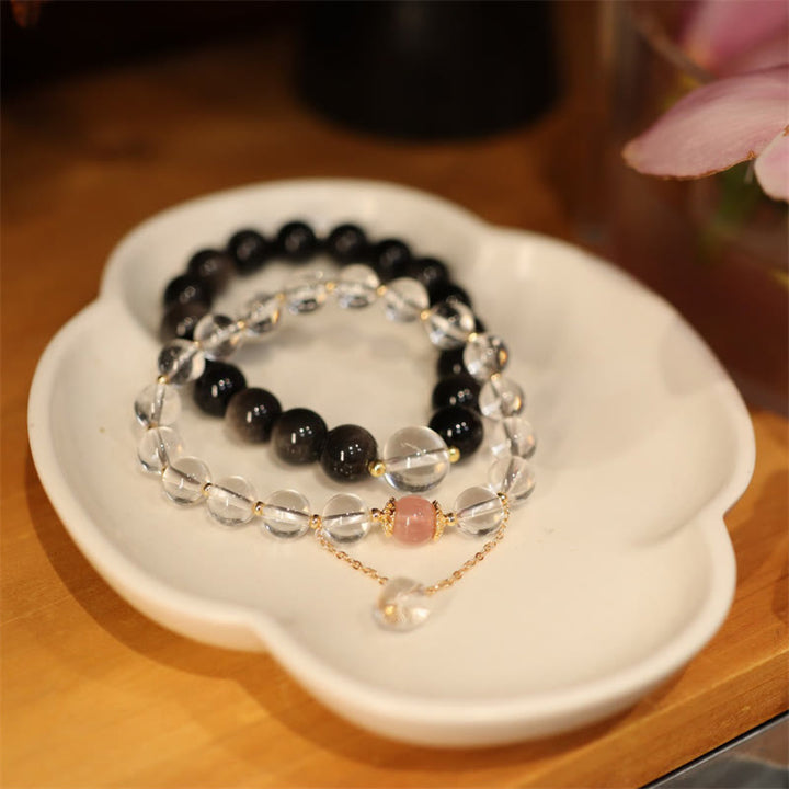 Braccialetto di coppia di colore Yin Yang con protezione in cristallo bianco e cristallo rosa con lucentezza argentata naturale