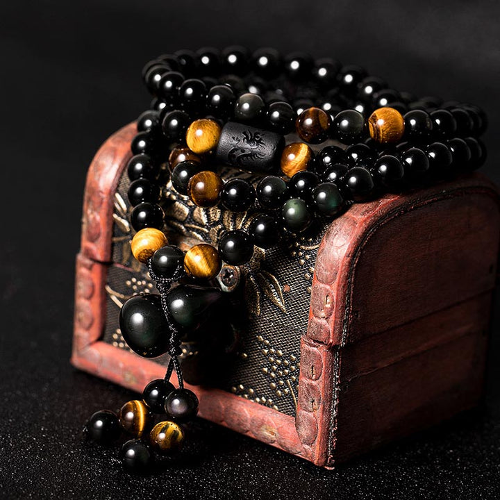 Braccialetto di benedizione di zucca di ossidiana arcobaleno di ossidiana nera naturale Buddha Stones Mala