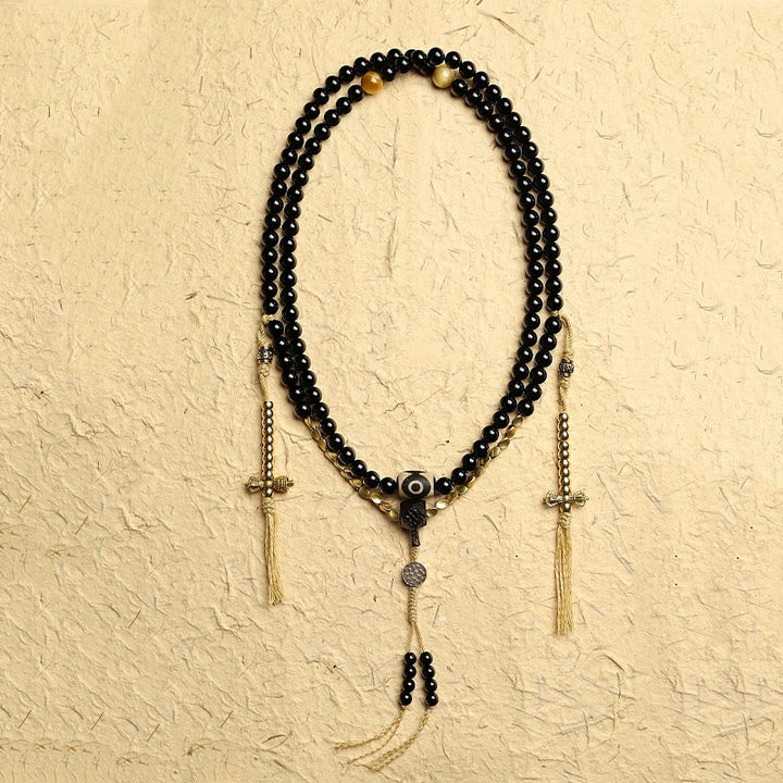 Buddha Stones Tibetano 108 Mala Beads Onice Nero Tre Occhi Dzi Beads Bracciale di Protezione