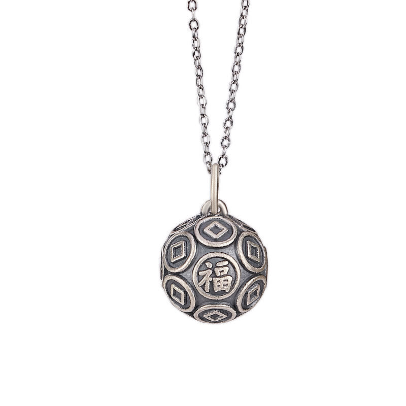 Collana con ciondolo a forma di moneta in rame con ciondolo a forma di catena con ciondolo a forma di moneta in argento sterling 990 Fu Character Buddha Stones