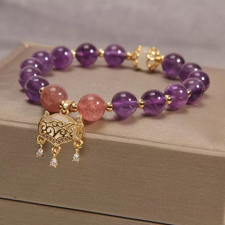 Braccialetto di guarigione con ciondolo cinese a forma di occhio di gatto, ametista naturale, quarzo fragola e Buddha Stones - image 4