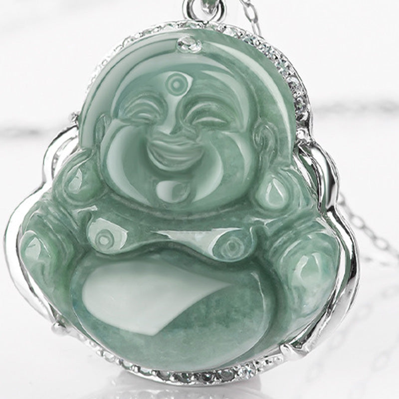 Collana con ciondolo a Buddha Stones in argento sterling 925 con Buddha che ride e giada, abbondanza - image 6