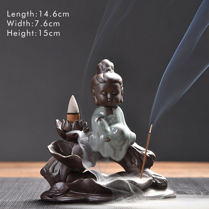 Buddha Stones Piccolo Monaco Ceramica Loto Benedizione Bruciatore Incenso Decorazione