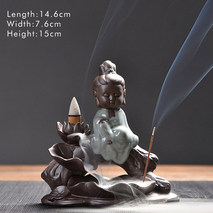 Buddha Stones Piccolo Monaco Ceramica Loto Benedizione Bruciatore Incenso Decorazione