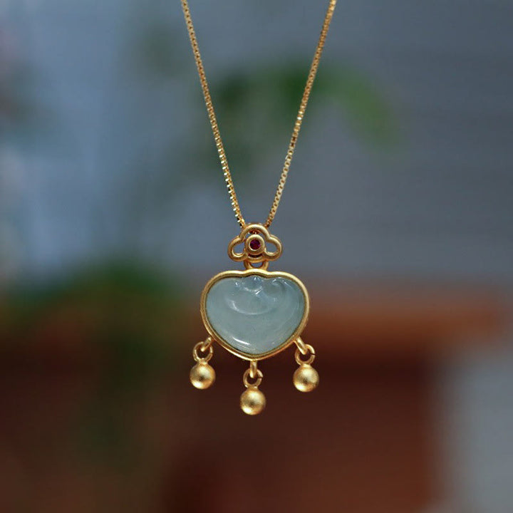 Buddha Stones Argento Sterling 925 Giada Naturale Calcedonio Lucchetto di Buoni Auguri Collana Pendente Braccialetto Braccialetto