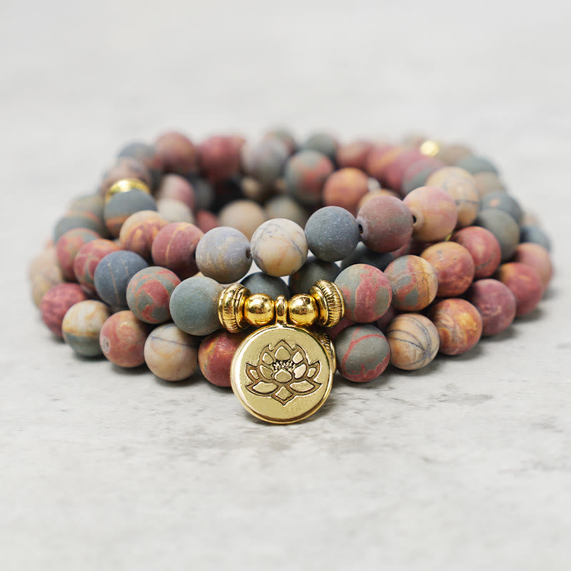 Buddha Stones 108 Mala Beads Picasso Jasper Stone Braccialetto energetico del coraggio