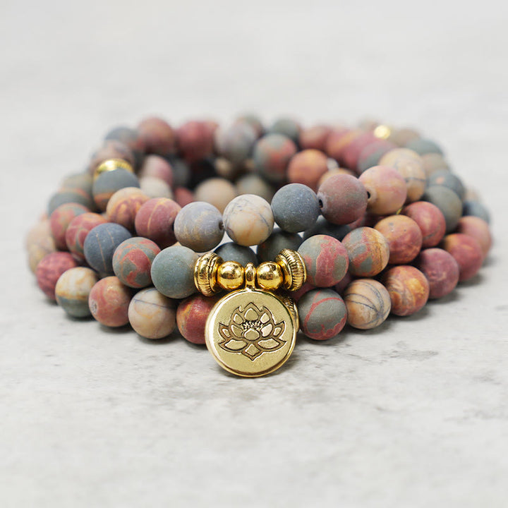 Buddha Stones 108 Mala Beads Picasso Jasper Stone Braccialetto energetico del coraggio