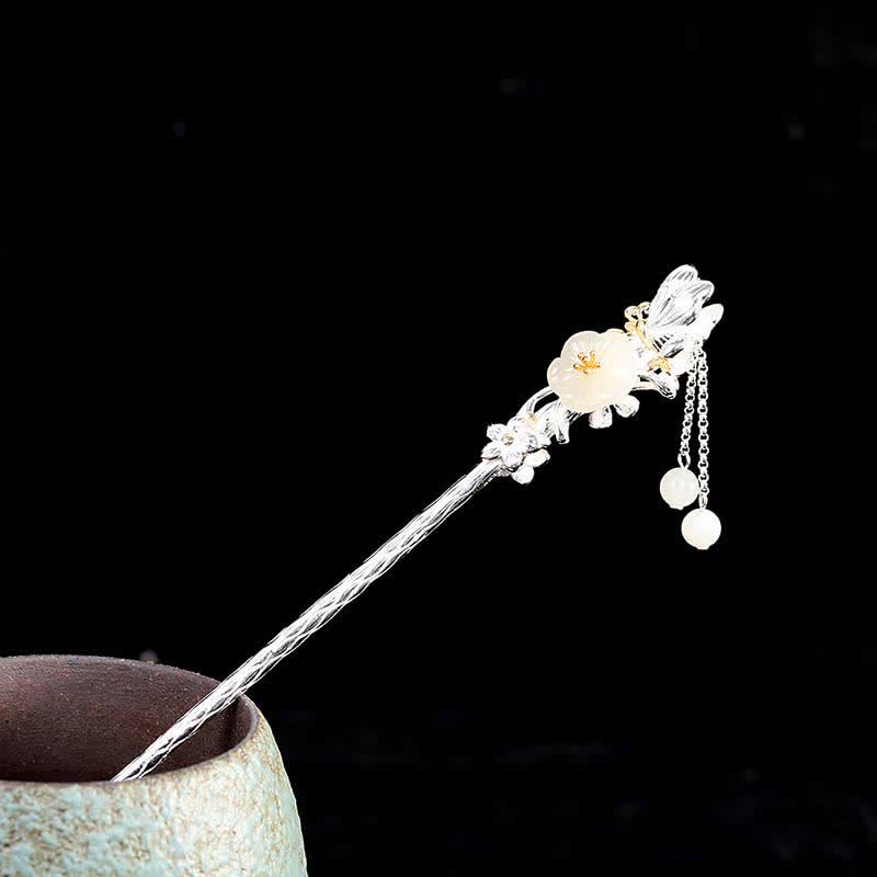Forcina per capelli con fiore di giada bianca Hetian in argento sterling 925