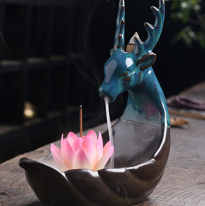 Buddha Stones Piccolo Cervo Ceramica Loto Meditazione Bruciatore Incenso Decorazione