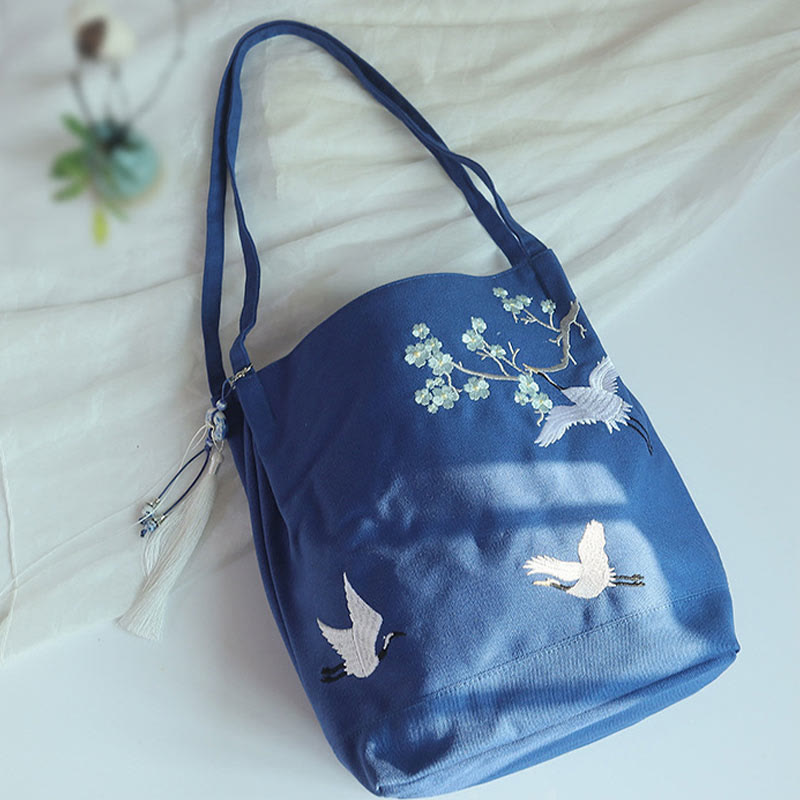 Buddha Stones Flower Crane Plum Blossom Ricamo Tela Grande Capacità Borsa a Tracolla Tote Bag