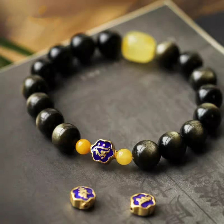 Bracciale Buddha Stones 925 Sterling Silver Zodiaco Cinese Buddha Natale Naturale Oro Lucentezza Ossidiana Ambra Protezione Ricchezza - Cane/Maiale-Buddha Amitabha - image 0