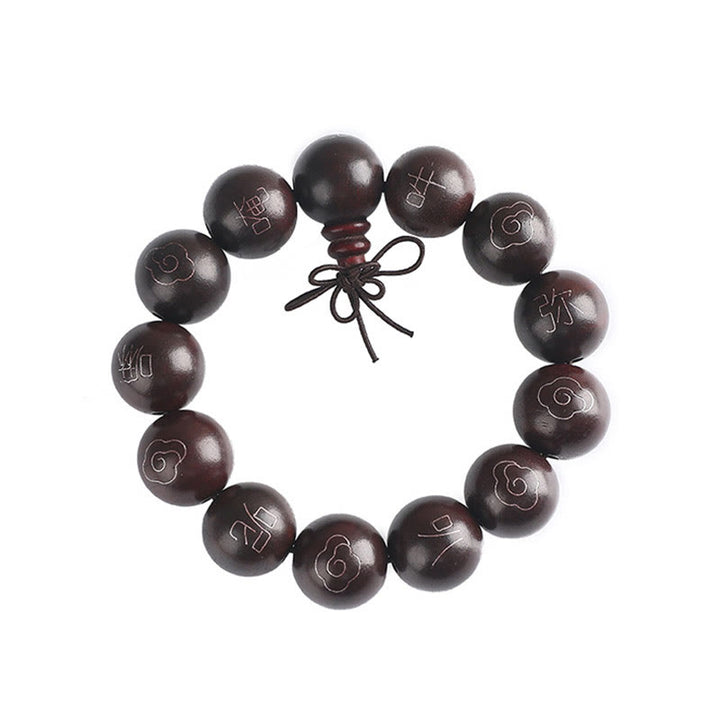 Braccialetto di protezione con piccole foglie di sandalo rosso intarsiate in argento sterling 925 Buddha Stones carattere Om Mani Padme Hum e nuvole di buon auspicio
